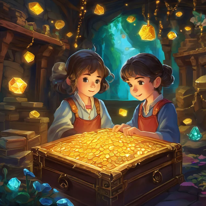 Suddenly, the room transformed into a magnificent treasure trove filled with sparkling gems and ancient artifacts. The twins couldn't believe their eyes!
At that moment, a voice echoed through the room. It was the voice they heard that morning. “Congratulations, clever twins! You have successfully solved my enigmas and unlocked the treasure. I am the Puzzling Enigma, and I am grateful for your wit. This treasure is yours to keep.”
Emma and Ethan looked at each other in awe. They had not solved the enigmas for the treasure, but for the thrill of the challenge.