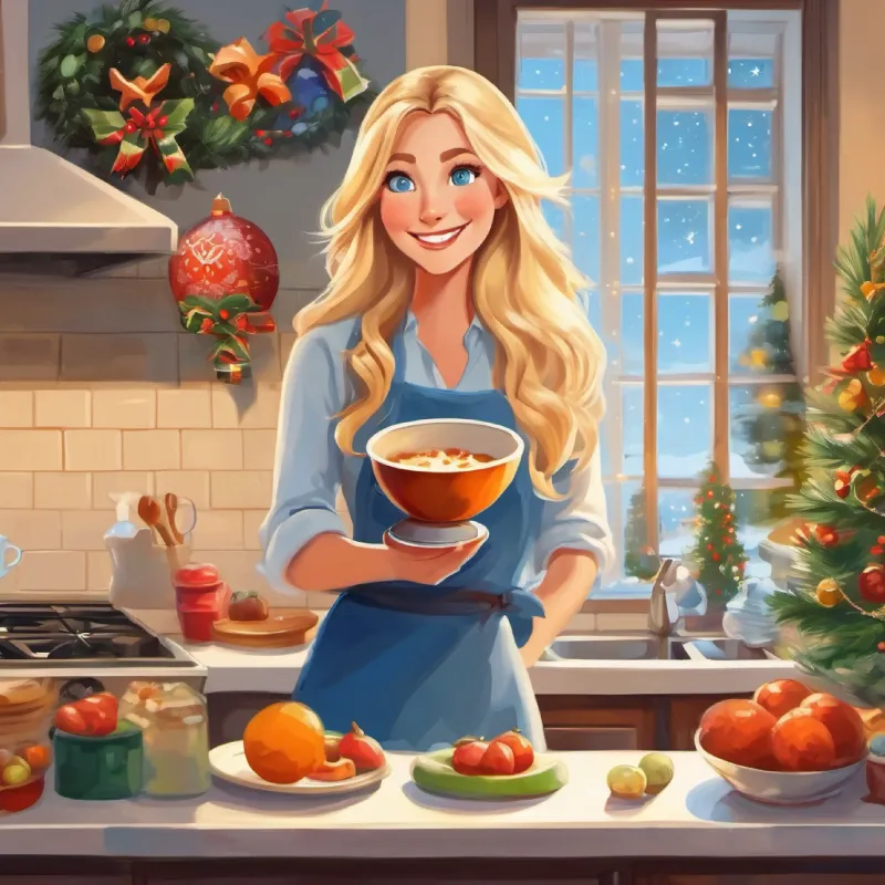 Tall, with long blond hair, blue eyes, and a friendly smile is in her kitchen, starting her day.