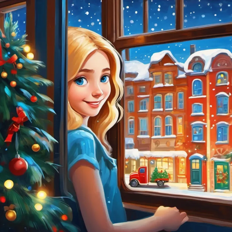 View from Tall, with long blond hair, blue eyes, and a friendly smile's window, spotting a moving truck.