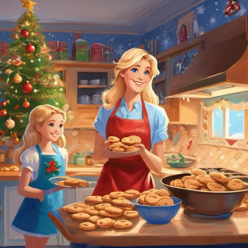 Atmosphere in Tall, with long blond hair, blue eyes, and a friendly smile's kitchen, scent of cookies.