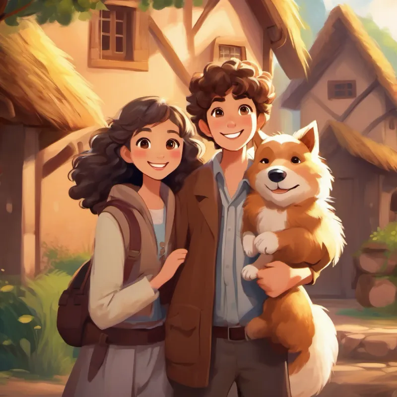 Village, Curly hair, kind brown eyes, and loving smile, and Fluffy beige fur, bright brown eyes, and a wagging tail having fun together in a happy setting.