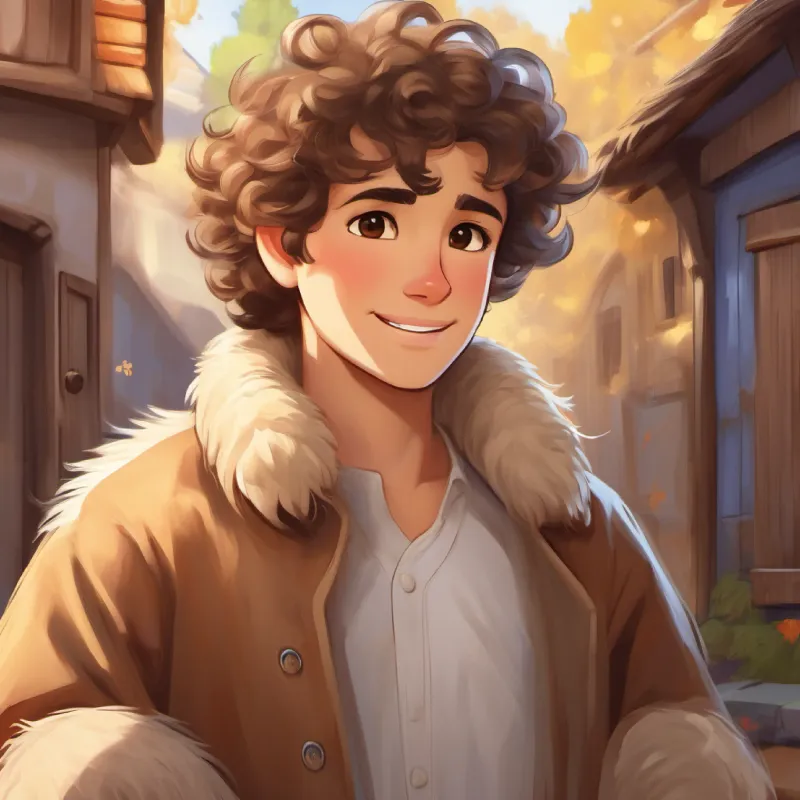 Village, Curly hair, kind brown eyes, and loving smile, and Fluffy beige fur, bright brown eyes, and a wagging tail looking worried as Fluffy beige fur, bright brown eyes, and a wagging tail gets sick.