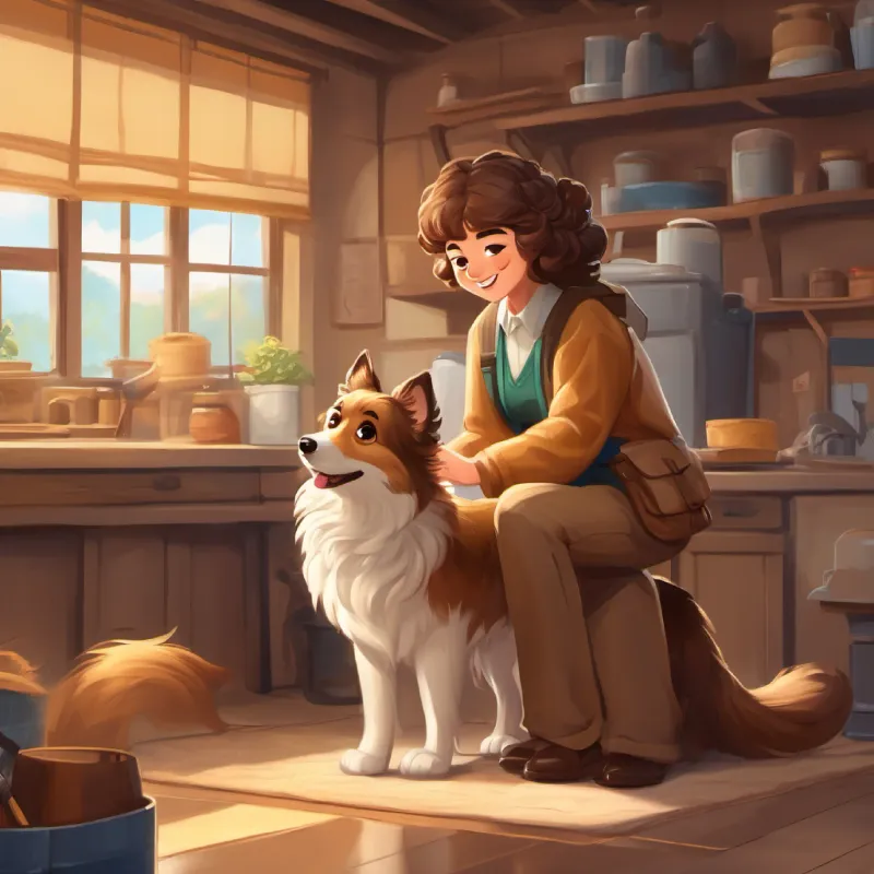 Vet's place, Curly hair, kind brown eyes, and loving smile, Fluffy beige fur, bright brown eyes, and a wagging tail, and the vet trying to help Fluffy beige fur, bright brown eyes, and a wagging tail.