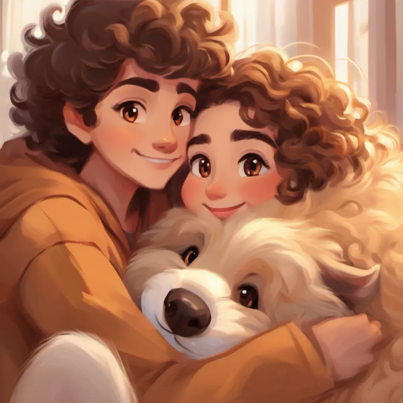 Curly hair, kind brown eyes, and loving smile and Fluffy beige fur, bright brown eyes, and a wagging tail snuggling and showing love for each other.