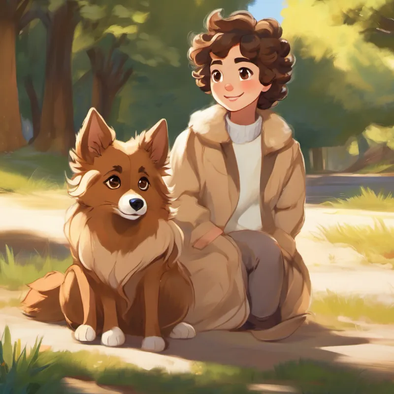 Curly hair, kind brown eyes, and loving smile and Fluffy beige fur, bright brown eyes, and a wagging tail feeling sad together as Fluffy beige fur, bright brown eyes, and a wagging tail's health worsens.