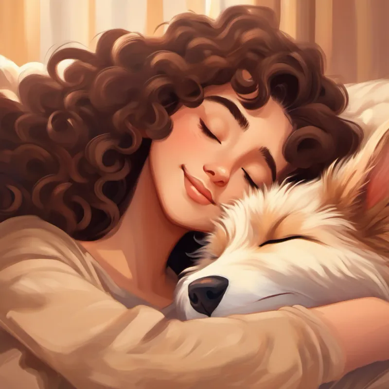 Curly hair, kind brown eyes, and loving smile and Fluffy beige fur, bright brown eyes, and a wagging tail sleeping together while feeling peaceful and loved.