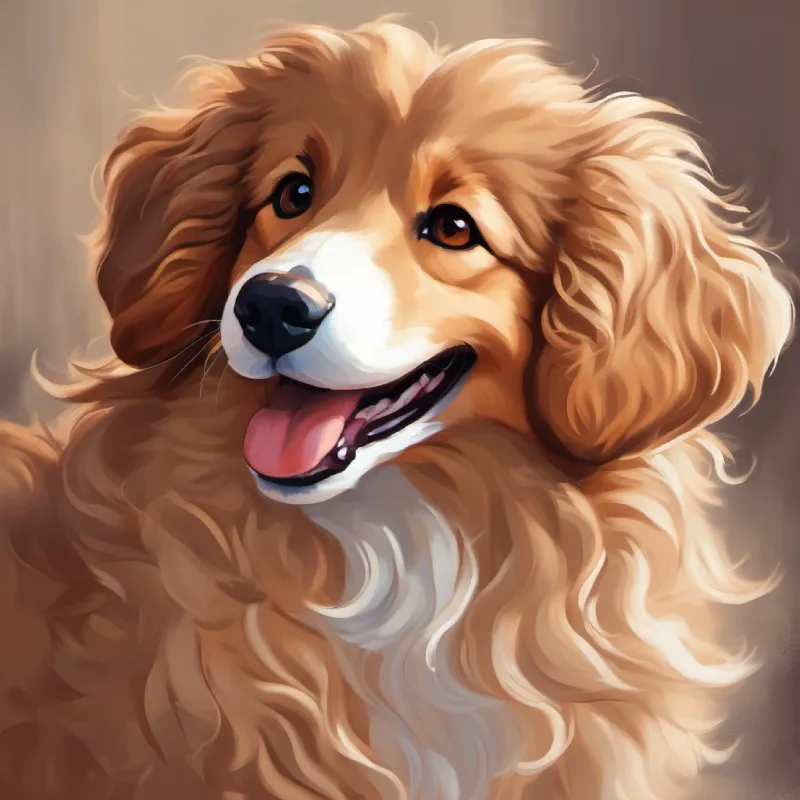 Curly hair, kind brown eyes, and loving smile remembering Fluffy beige fur, bright brown eyes, and a wagging tail's joy, barks, and playfulness with love.