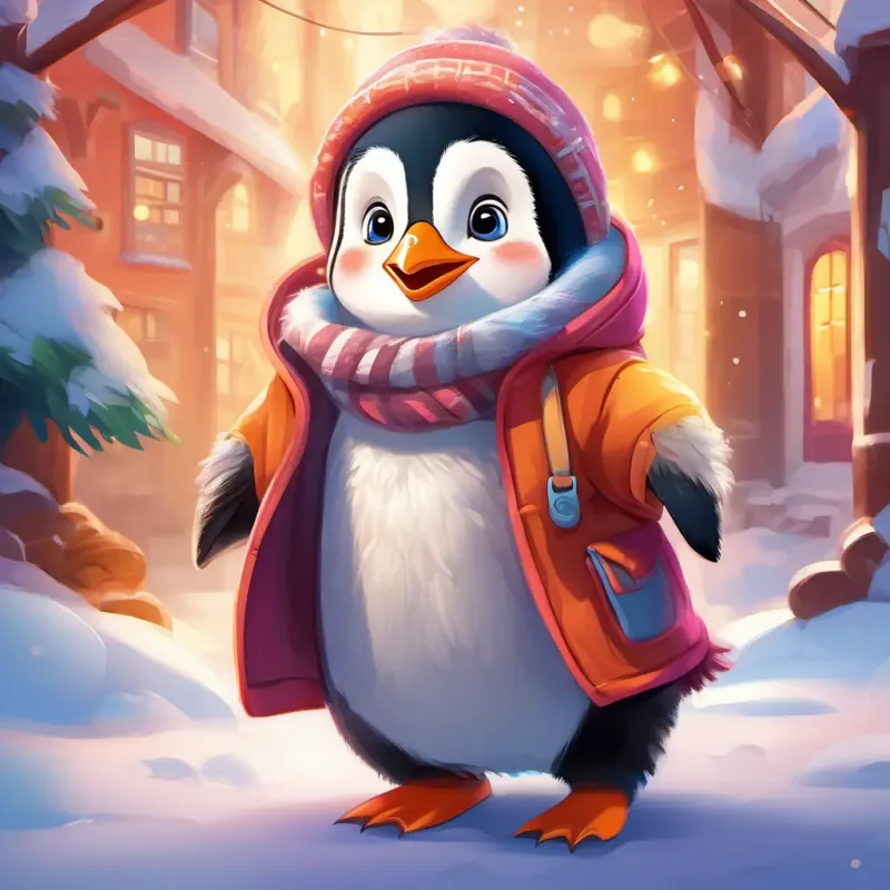 Introducing A cuddly penguin with soft, fluffy feathers and bright, friendly eyes and A cheerful boy with rosy cheeks and a big, warm smile in the happy kindergarten, setting the stage for the story, with bright, cheerful colors.