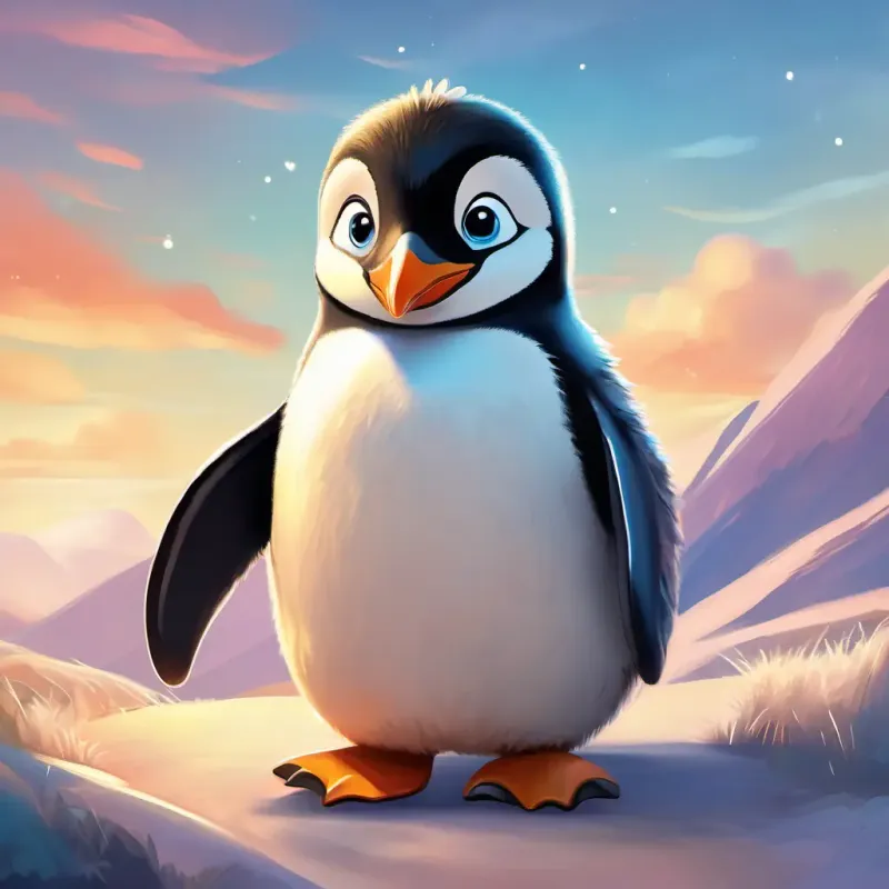A cuddly penguin with soft, fluffy feathers and bright, friendly eyes getting lost and beginning his big adventure, with a mix of worry and excitement on his face.
