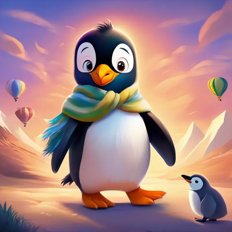 A cuddly penguin with soft, fluffy feathers and bright, friendly eyes traveling to different places around the world, meeting other animals and children along the way, with a sense of wonder on his face.