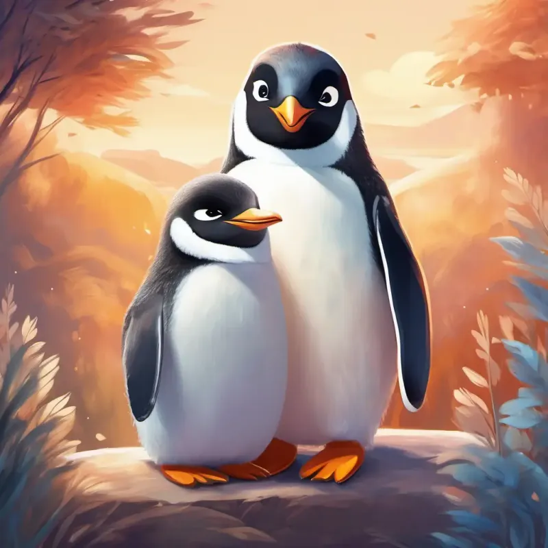 A cuddly penguin with soft, fluffy feathers and bright, friendly eyes comforting children in different parts of the world, with sleepy faces and warm, peaceful settings.