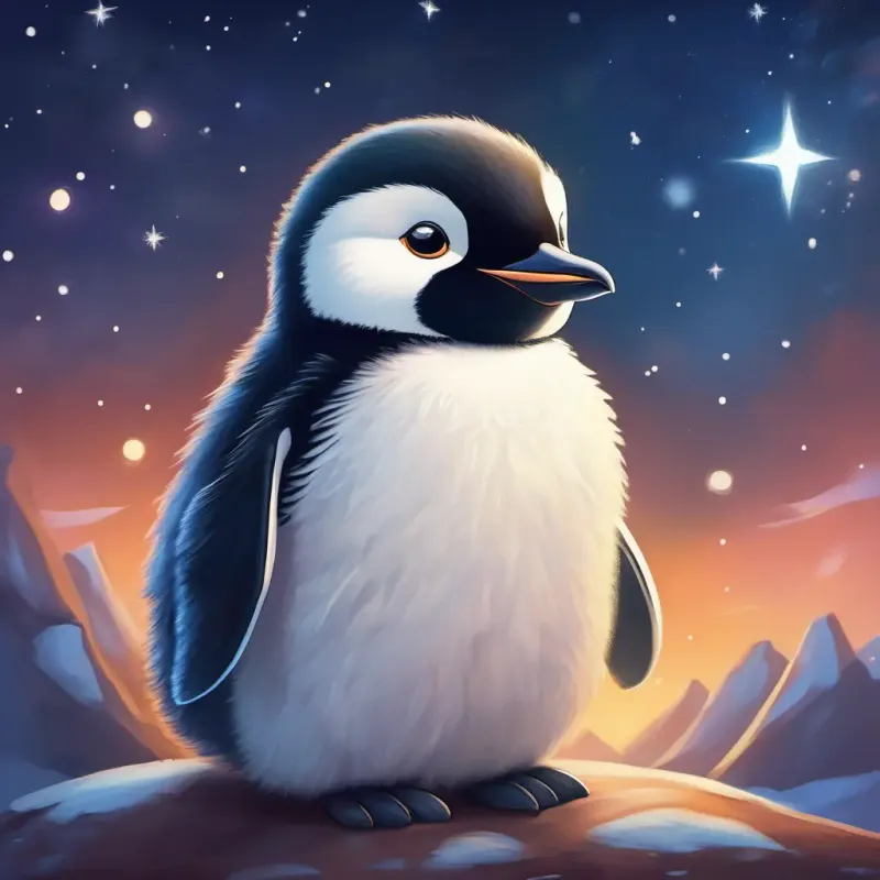 A cuddly penguin with soft, fluffy feathers and bright, friendly eyes feeling homesick and looking at the stars, with a nostalgic and longing expression on his face.