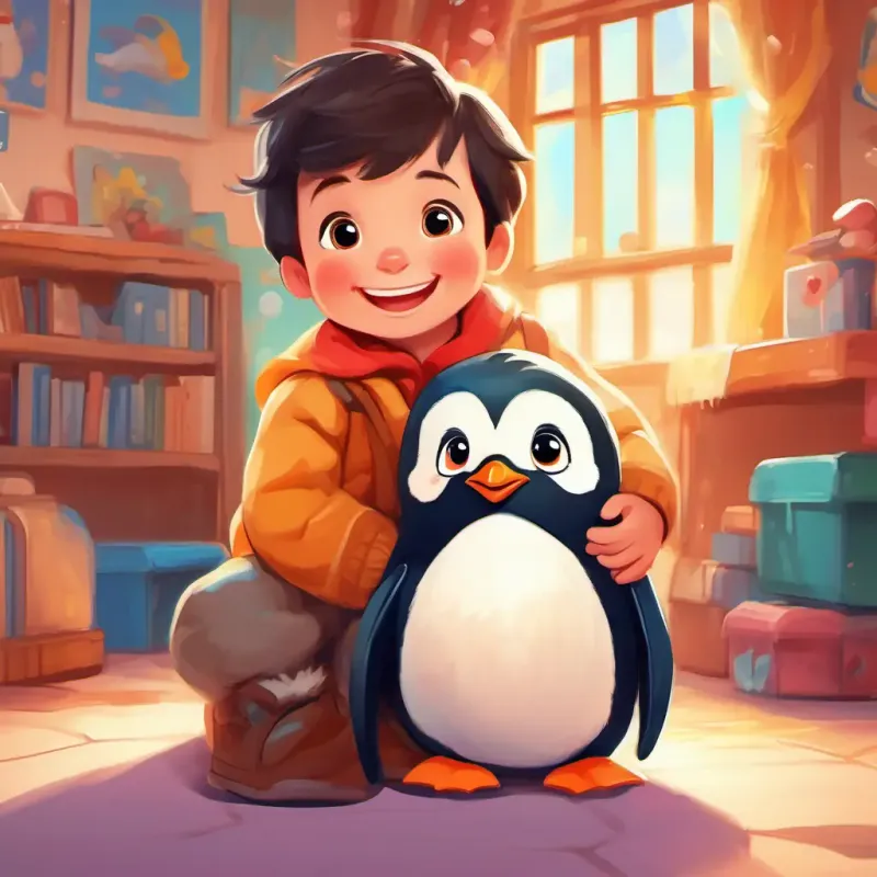 The heartwarming reunion of A cuddly penguin with soft, fluffy feathers and bright, friendly eyes and A cheerful boy with rosy cheeks and a big, warm smile in the familiar and colorful kindergarten, with joyful smiles and warm embraces.
