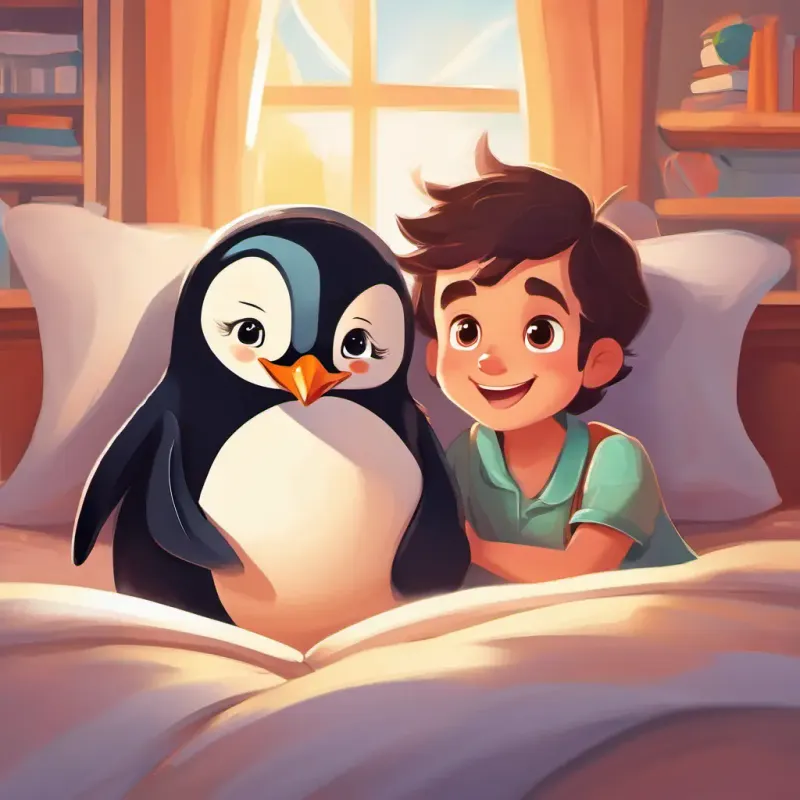 A cuddly penguin with soft, fluffy feathers and bright, friendly eyes and A cheerful boy with rosy cheeks and a big, warm smile snuggled up in bed together, accompanied by their favorite bedtime storybook, with a cozy and contented atmosphere.