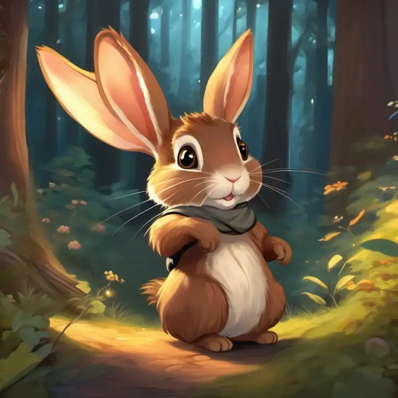 Magical forest, Fluffy, brown rabbit, bright eyes, Furry, gray squirrel, twinkling eyes, and Tiny, brown mouse, whiskers setting out on an adventure