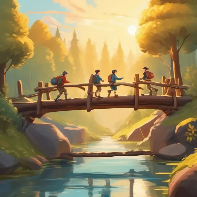 Crossing wobbly bridge and climbing over log, teamwork and friendship