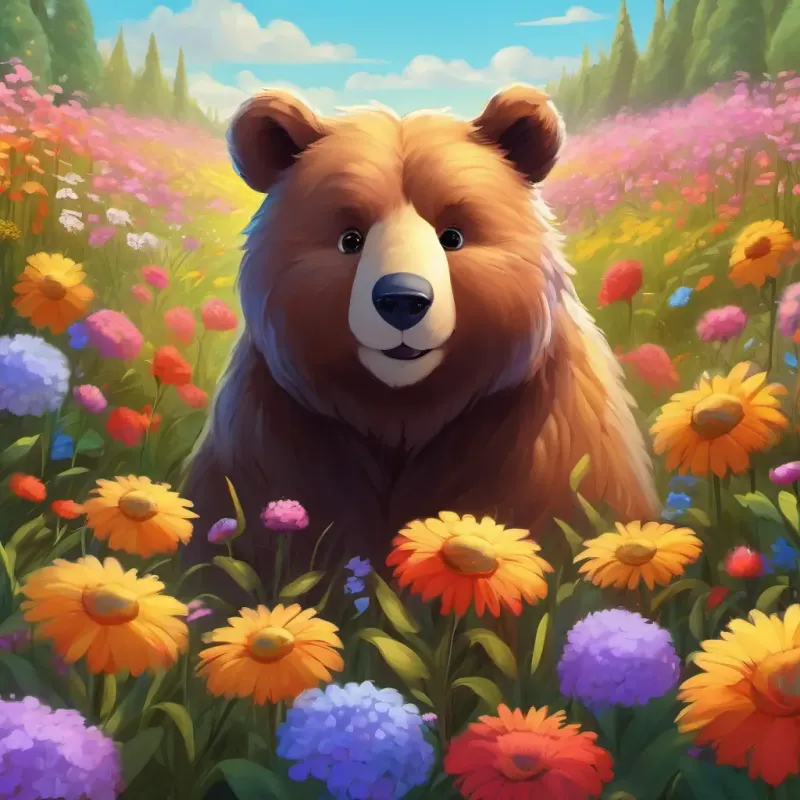 Field of colorful flowers, encountering a big, furry bear, Fluffy, brown rabbit, bright eyes being brave