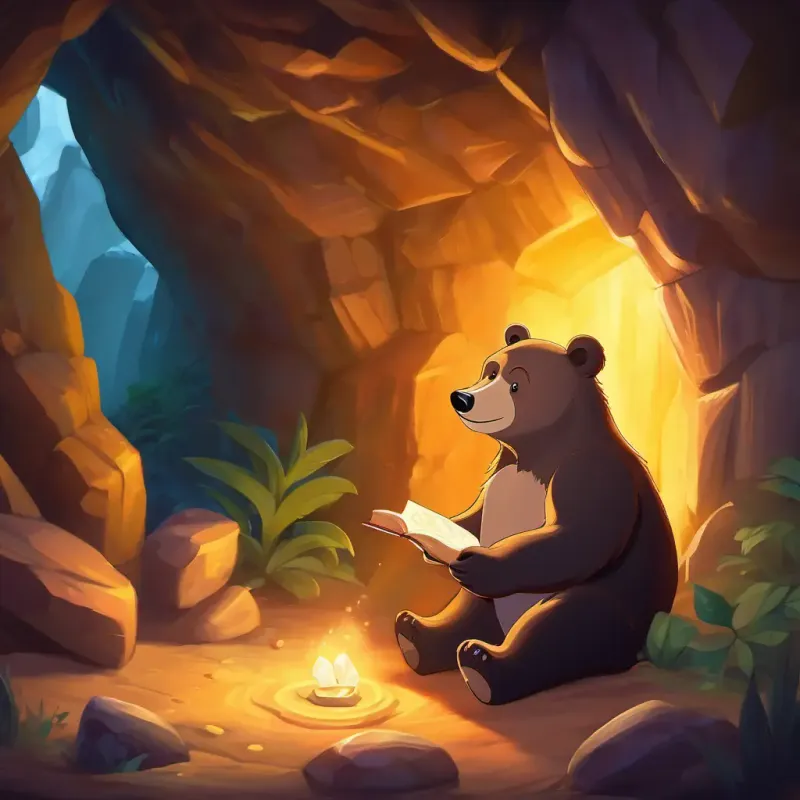 Friendly bear, hidden treasure in a cave, preparing to solve a riddle