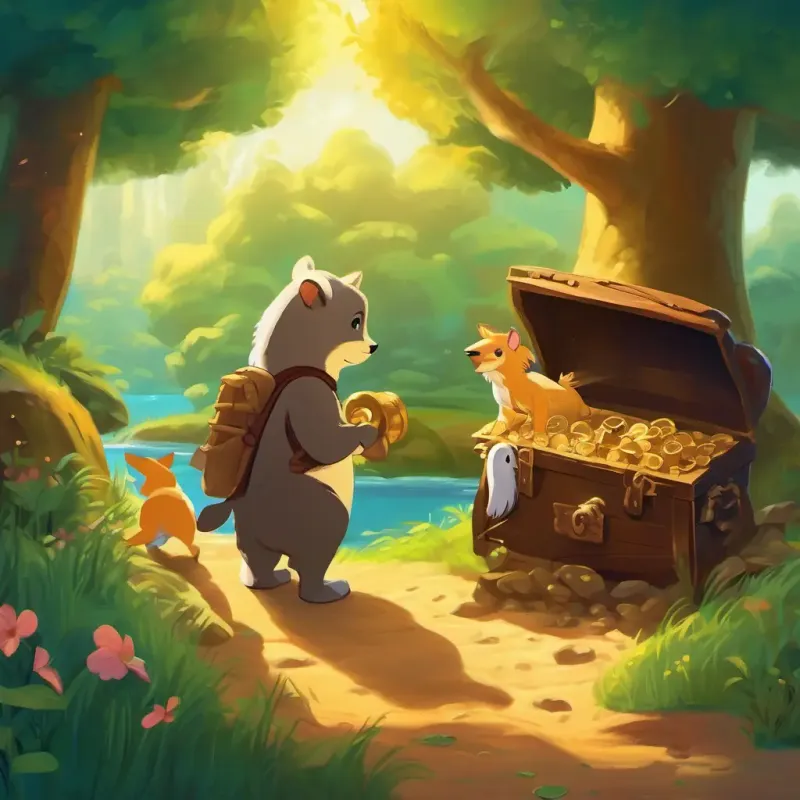 Solving the riddle, finding the treasure, sharing with other animals