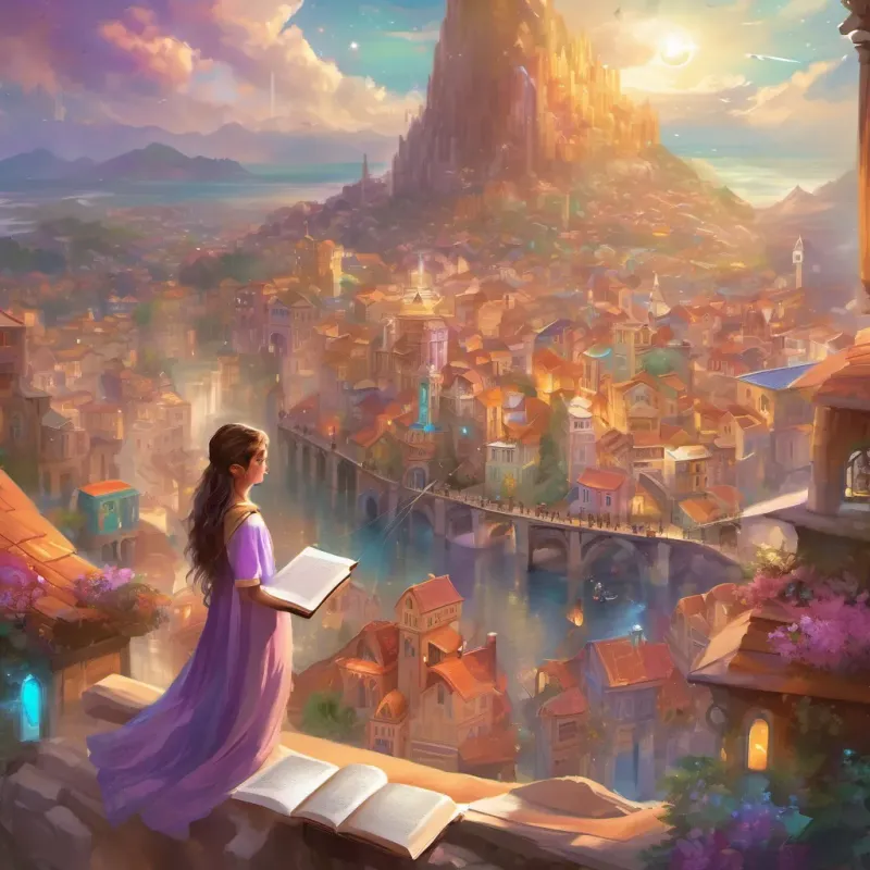 A vibrant, bustling town with colorful buildings, people of different backgrounds, and a young girl with bright eyes entranced in a book.