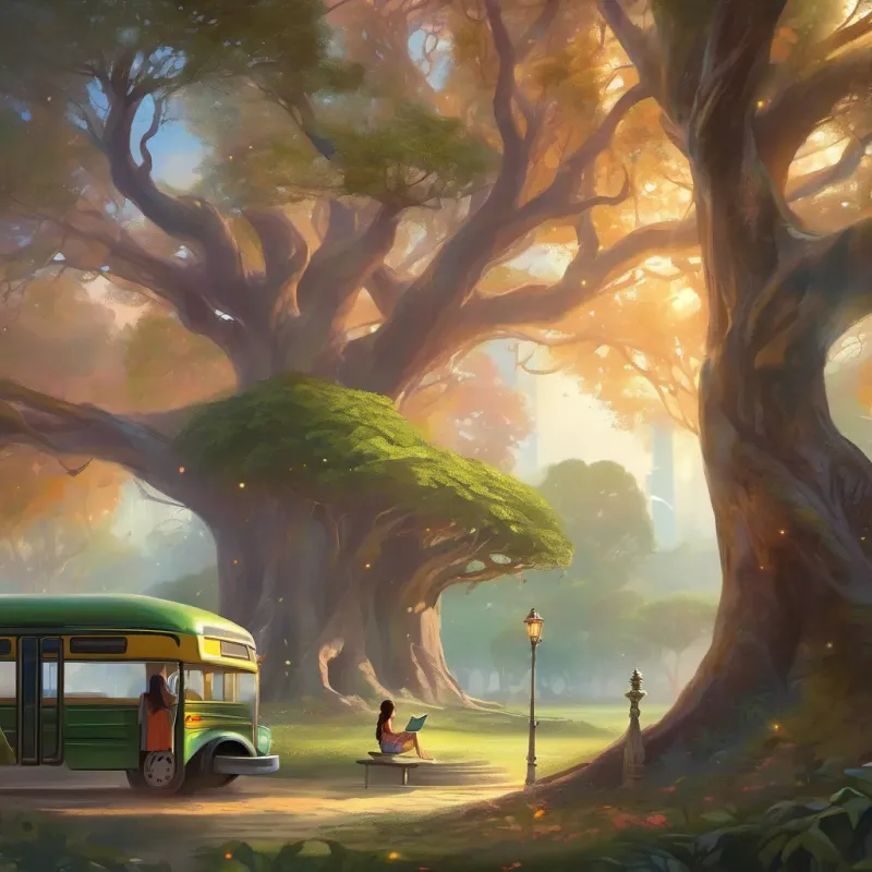 A park setting with a bus nearby; a large mango tree with a young girl reading joyfully under it.