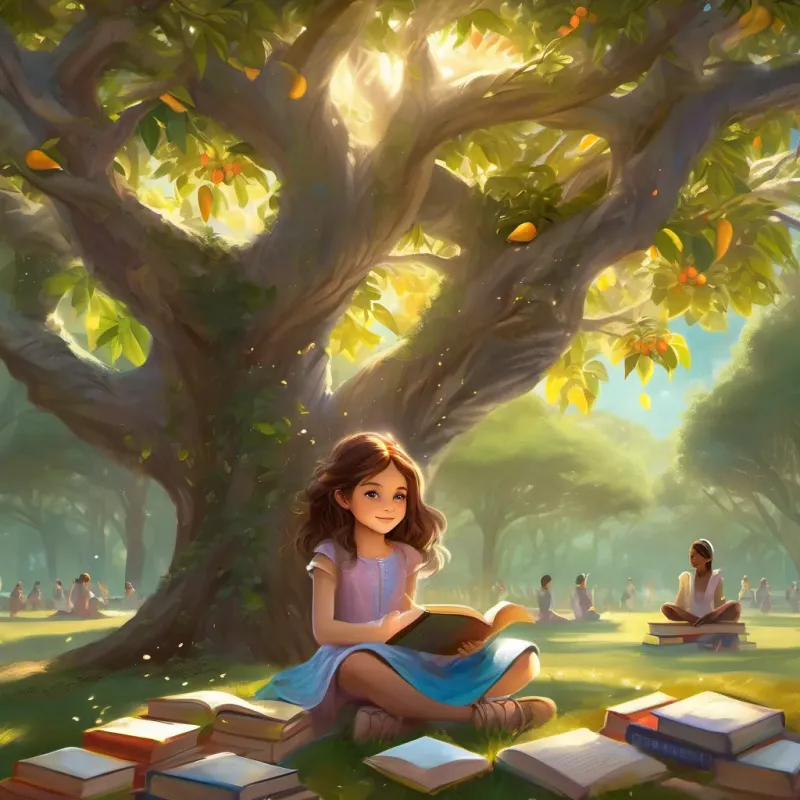 Public park scene with A determined young girl with bright eyes, always seen with books, growing into a wise and inspiring leader reading to children under the same mango tree, children looking inspired and happy.