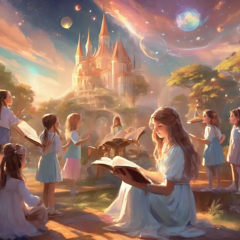 A lively school with children playing, and a girl reading enthusiastically, with her friends and teacher admiring her.