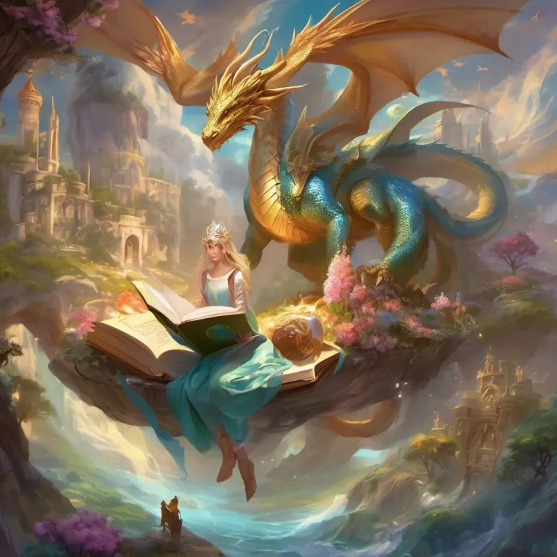 Imaginative, fantastical worlds springing from an open book; dragons, knights, and magical scenes surrounding a reading girl.