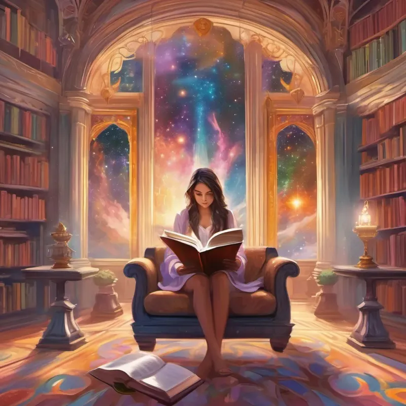 Classroom setting with vibrant posters; a girl reading a book that visually transforms into a scene of a noble leader.