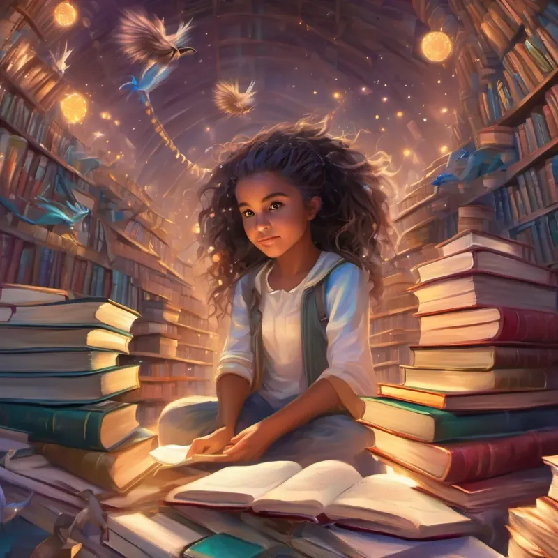 Time-lapse showing A determined young girl with bright eyes, always seen with books, growing into a wise and inspiring leader growing up surrounded by an ever-increasing pile of books; playful porcupines in the background.