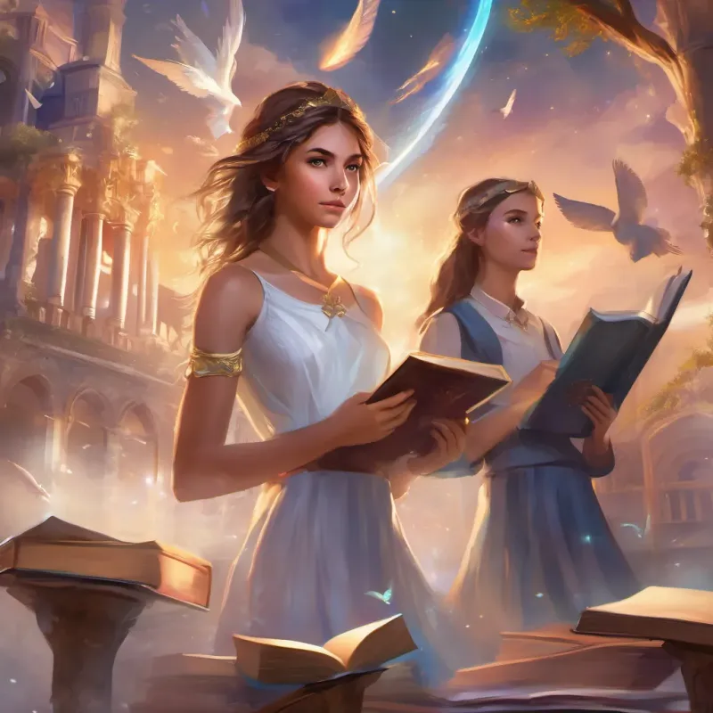 A high school setting with students participating; A determined young girl with bright eyes, always seen with books, growing into a wise and inspiring leader confidently leading a debate in the school auditorium.