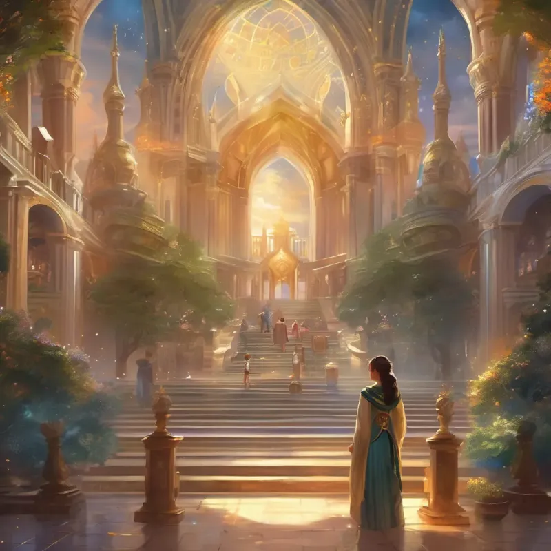 A prestigious university with grand buildings; A determined young girl with bright eyes, always seen with books, growing into a wise and inspiring leader receiving a scholarship award amidst cheering professors and students.