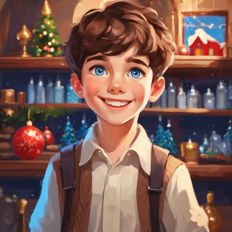 Happy boy with blue eyes, short brown hair, often smiling being rude, causing disappointment.