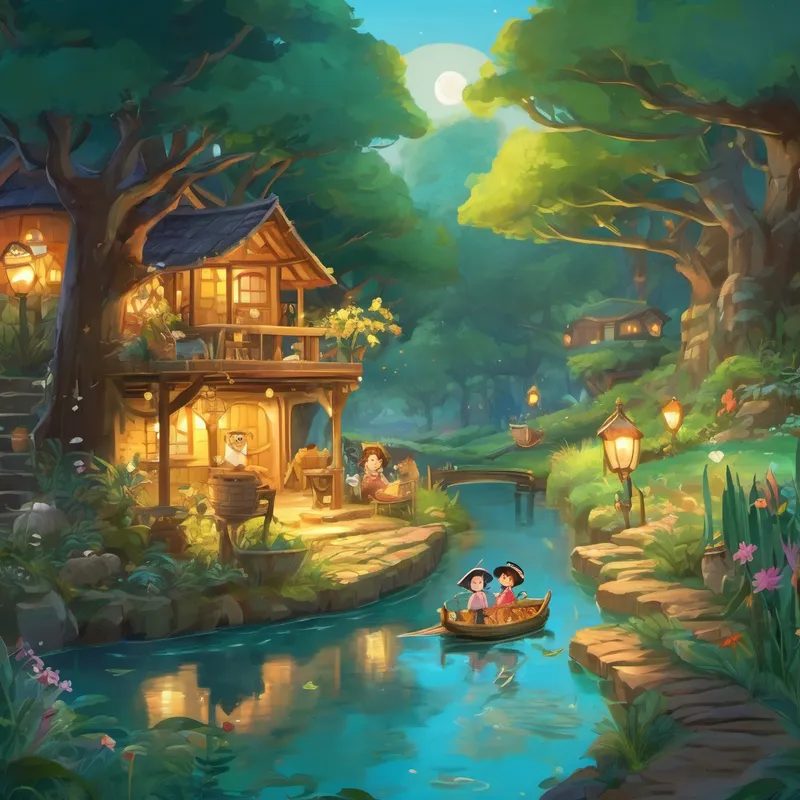 Lily giggled as her Grandma imitated the voices of each animal, and together, they imagined the animals' laughter filling the air. Finally, after many twists and turns, the friends arrived at the spot marked on the map. To their surprise, they didn't find a treasure chest filled with jewels, but a glowing pond reflecting the moon's radiant light. The animals realized that the real treasure was the happiness they found in their journey and the friendship they discovered along the way.