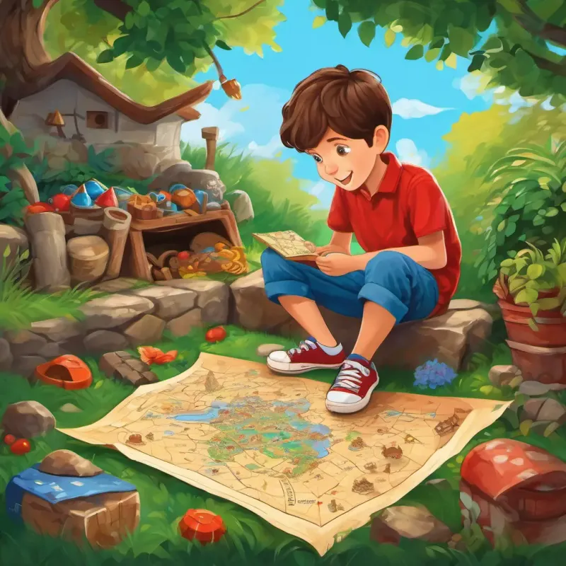 7-year-old boy with autism, brown hair, blue eyes, and red sneakers in his backyard, finding a treasure map with colorful drawings and symbols.