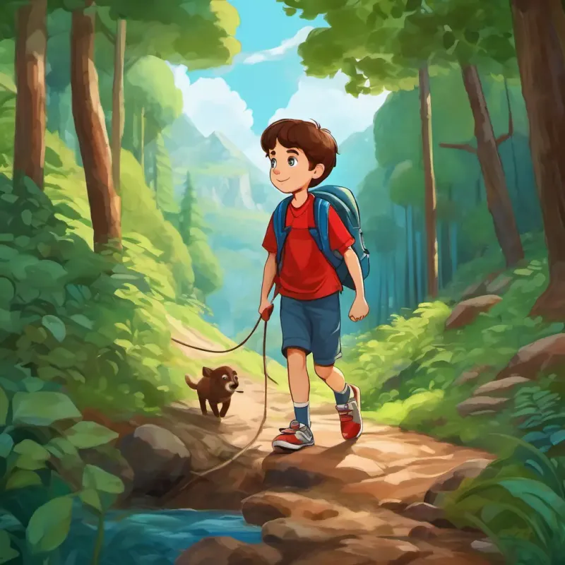 7-year-old boy with autism, brown hair, blue eyes, and red sneakers walking through a forest, crossing a river, and climbing a mountain. Meeting friendly animals.