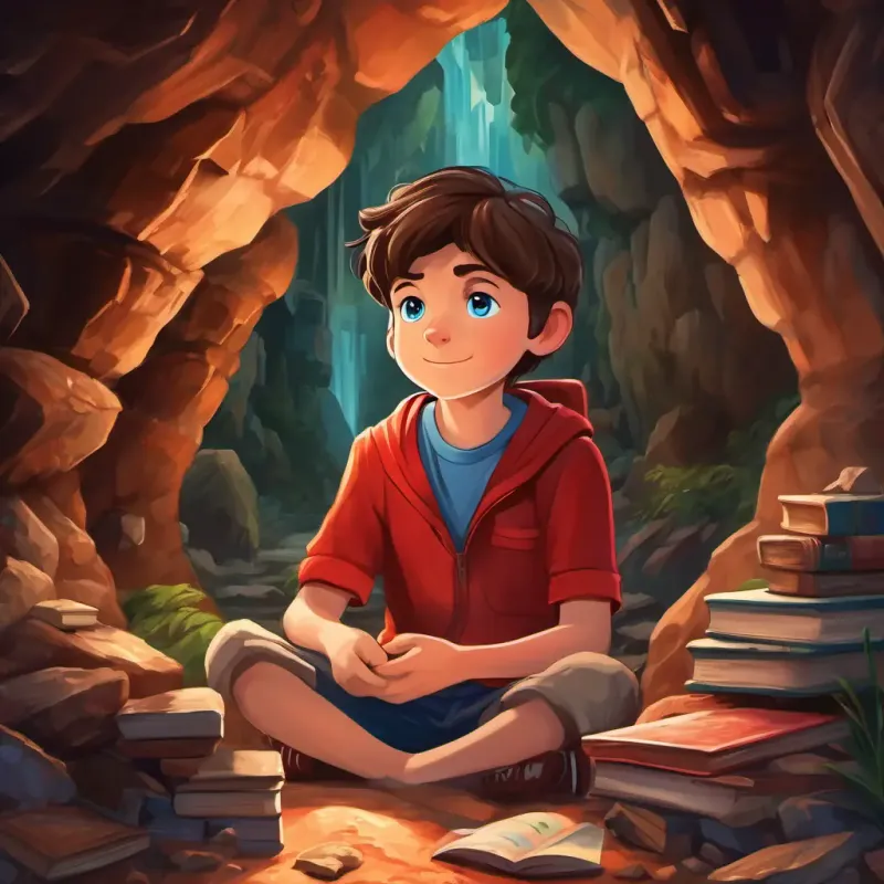 7-year-old boy with autism, brown hair, blue eyes, and red sneakers in a hidden cave filled with ancient artifacts and books, exploring and learning.