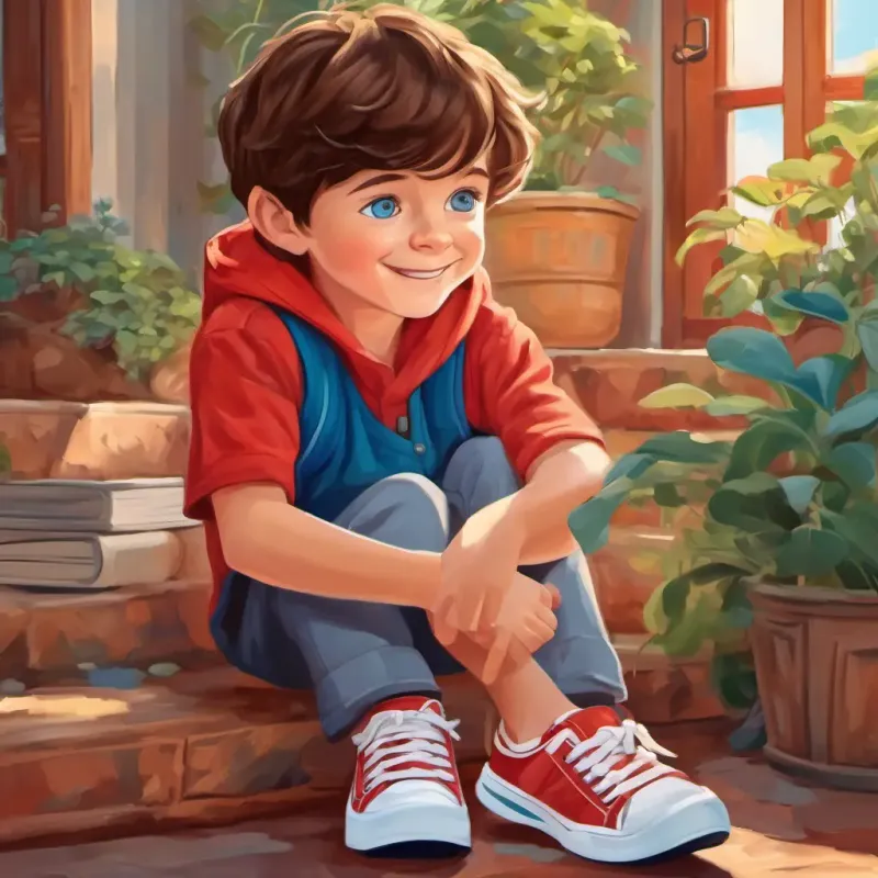 7-year-old boy with autism, brown hair, blue eyes, and red sneakers realizing the joy of learning and sharing his adventure with family and friends.