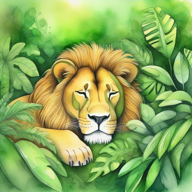 A sleeping A sleeping lion on a green jungle background. on a green jungle background.