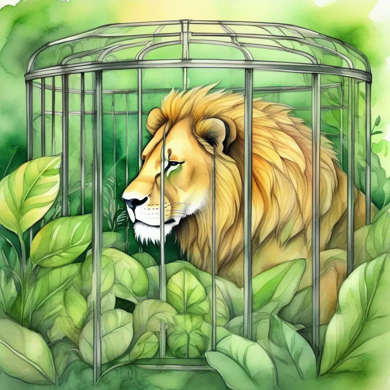 A sad A sleeping lion on a green jungle background. inside a cage, surrounded by A sad lion inside a cage, surrounded by humans..