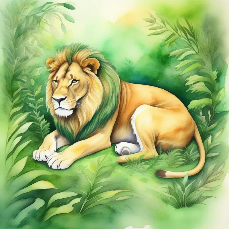 A weak A sleeping lion on a green jungle background. with a fighting spirit, longing for his home.