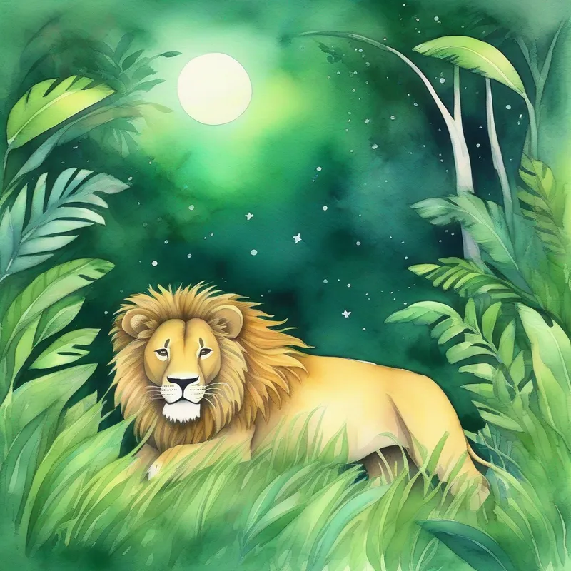 A happy A sleeping lion on a green jungle background. running towards freedom in the moonlit night.