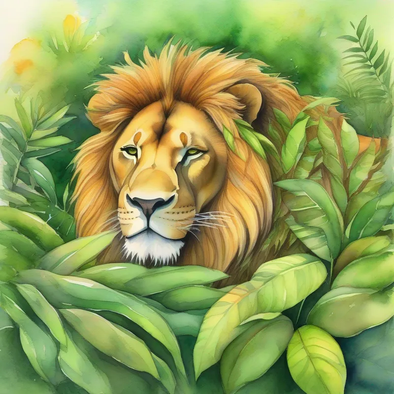 A A sleeping lion on a green jungle background. surrounded by his jungle A lion surrounded by his jungle friends, celebrating his return., celebrating his return.