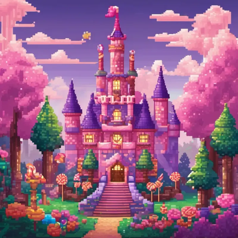 The enchanted forest is filled with tall trees, colorful flowers, and friendly animals. The candy castle is made of pink and purple candy canes, chocolate walls, and a roof made of cotton candy.