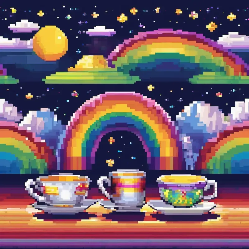 The rainbow is a colorful arch in the sky. The moonlight slide is a shiny silver slide that glows in the dark. The talking teacups and saucers have smiling faces and wear tiny hats.