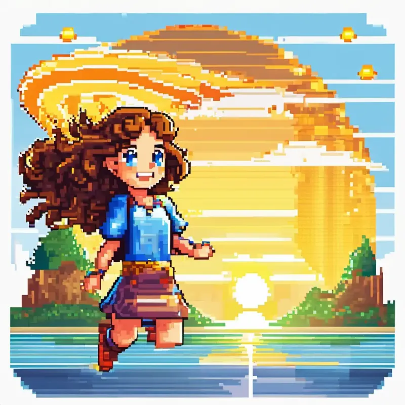 The sun is a big yellow ball in the sky. Lily is a happy girl with curly brown hair and bright blue eyes waves goodbye to her friends with a smile on her face.