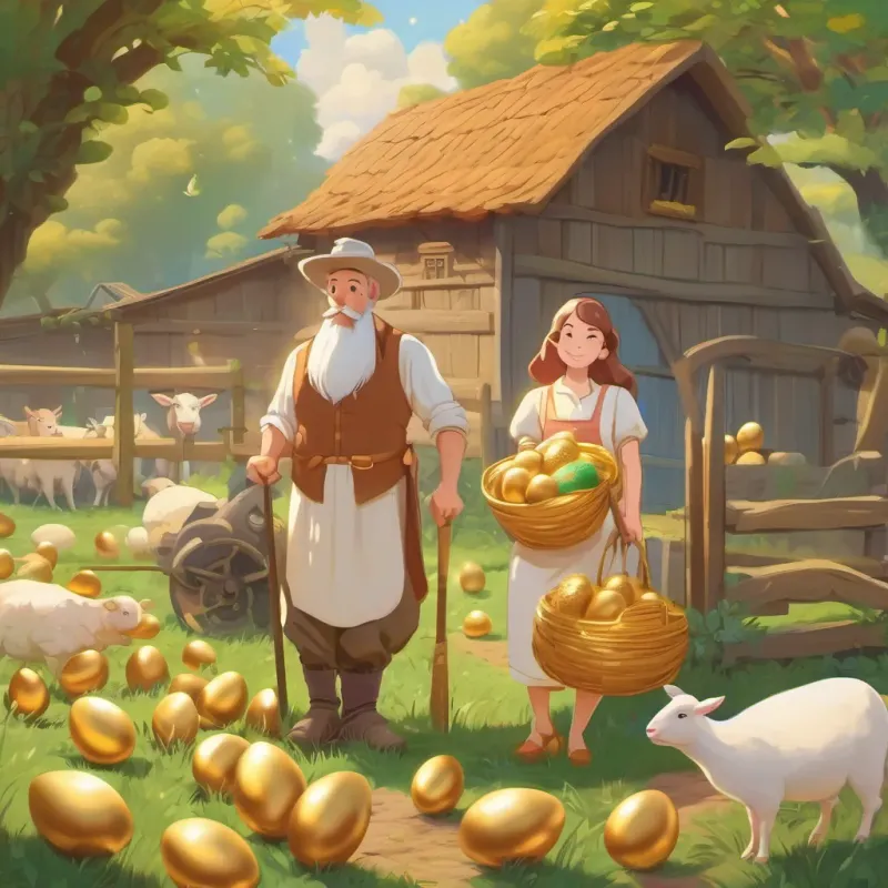 The farm animals and the farmer with his wife, all living harmoniously with the golden eggs displayed.