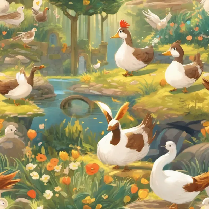 A heart-shaped illustration filled with images of kind and happy animals and the golden goose.
