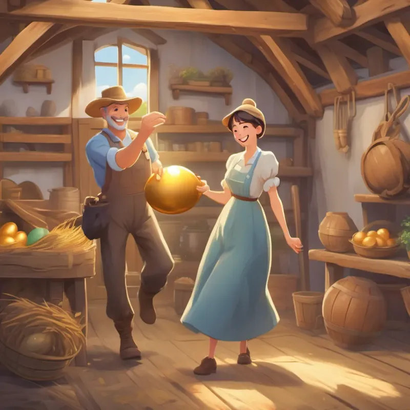 The farmer and his wife dancing joyfully around the barn with wide smiles, holding a golden egg.