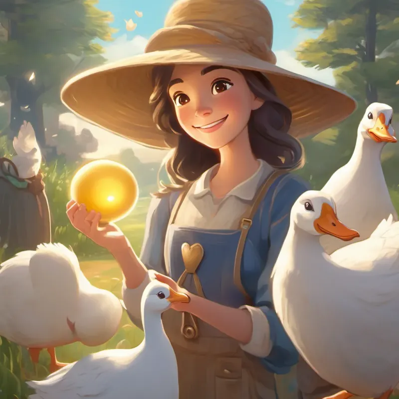 A kind-hearted, jovial farmer with a big hat and a welcoming aura holding a golden egg with a glowing heart-shaped aura, looking happily at A whimsical, clever goose with shining feathers and a friendly smile.